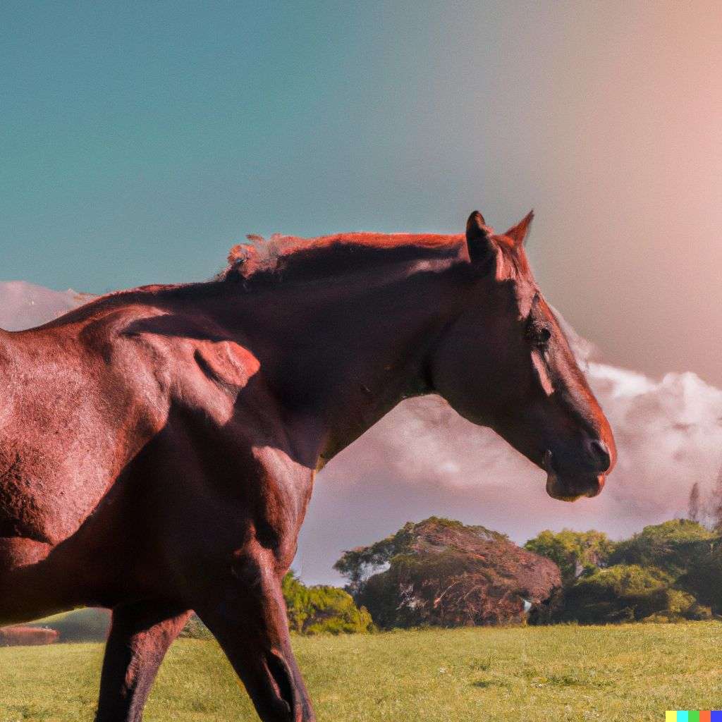 a horse, photograph, golden hour lighting
